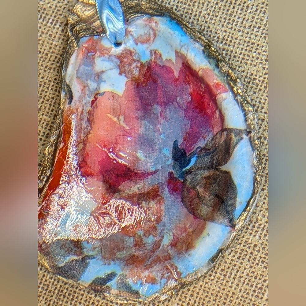 Handcrafted Poured Paint Decoupaged Oyster Shell Beaded Ribbon